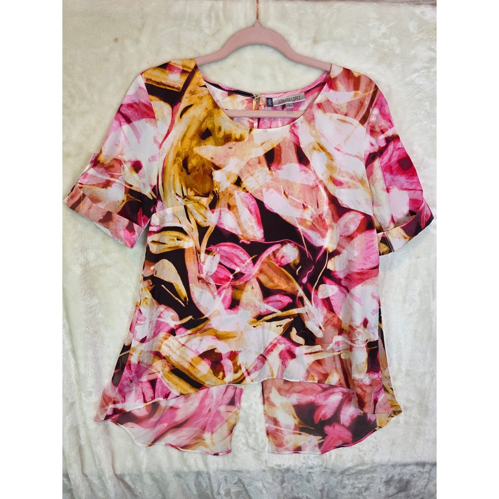 Jennifer Lopez Pink Floral Abstract High-Low Split Back Blouse‎ Womens Small